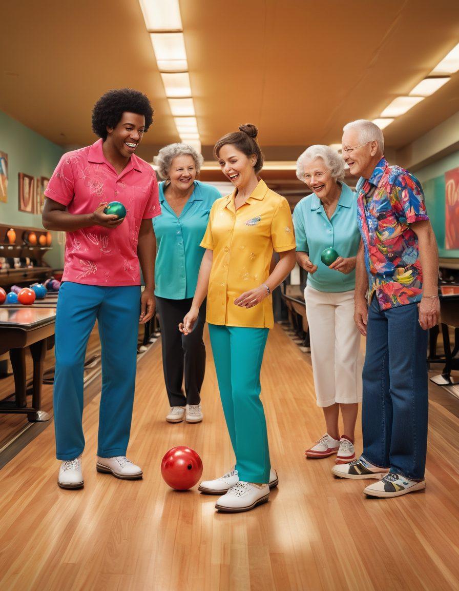 A cozy indoor bowling alley filled with diverse bowlers of different ages and backgrounds, wearing colorful bowling shirts and shoes. The scene highlights a group discussing insurance needs while holding bowling balls, with trophies and bowling pins in the background. Soft lighting and a cheerful atmosphere create a sense of community and safety. Illustrate it with vivid colors, cartoon style, and a hint of playful whimsy.