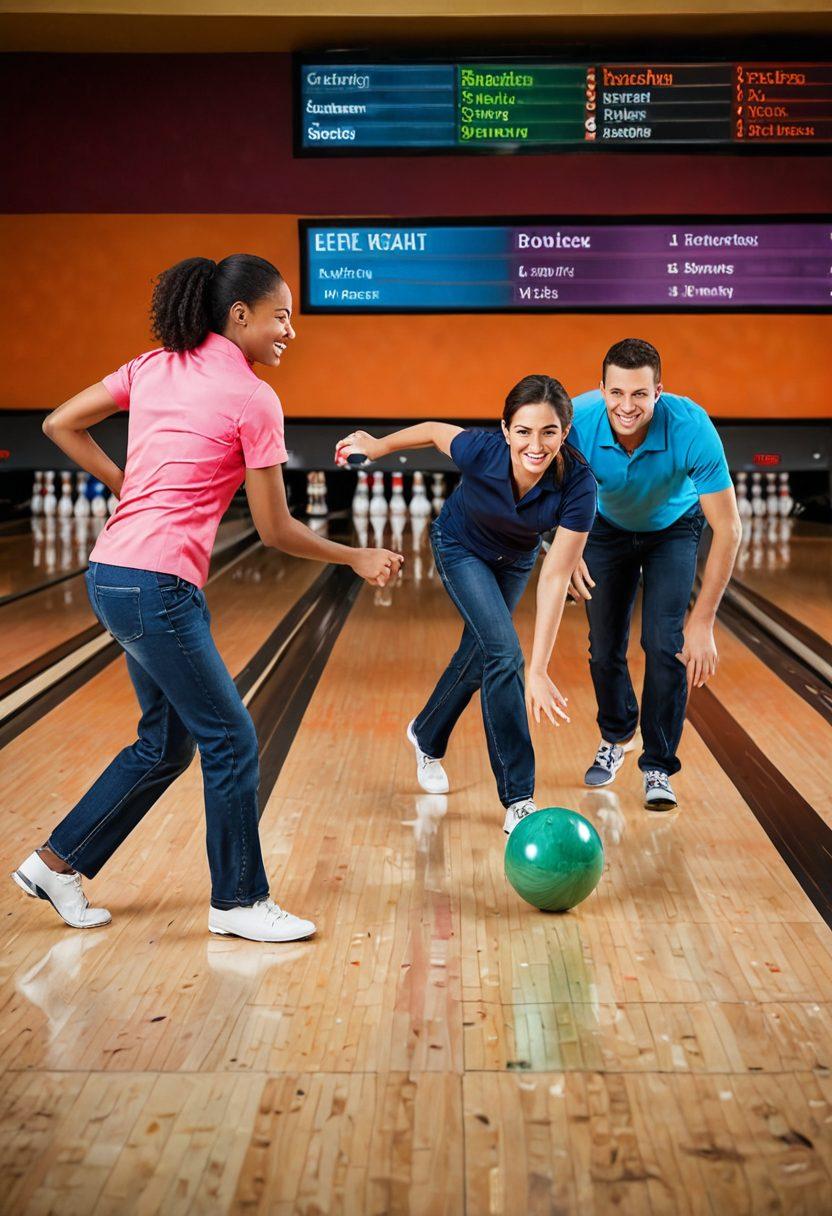 A dynamic scene depicting a diverse group of bowlers in action at a bowling alley, showcasing camaraderie and teamwork. Include visuals of bowling balls, pins, and a scoreboard highlighting friendly competition. Subtle elements representing insurance and liability, such as a checklist or shield icons in the background. The lighting should be vibrant and energetic. super-realistic. vibrant colors. 3D.
