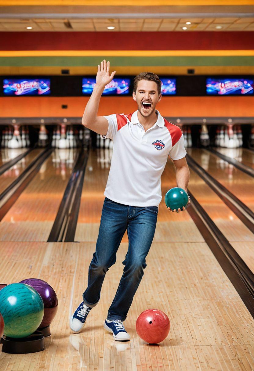 A visually dynamic composition featuring a bowler in mid-swing, perfectly balancing on one foot, with a vibrant bowling alley and pins in the background. Incorporate playful icons representing various types of insurance (like houses, health, and cars) floating around him, and a diverse group of bowlers cheering in the background. The atmosphere should be lively and engaging, inviting readers to explore the topic. super-realistic. vibrant colors. bowling alley ambiance.